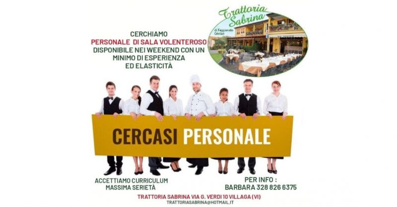 Offerta lavoro personale di sala e cucina trattoria Villaga - Ricerca personale di sala weekend