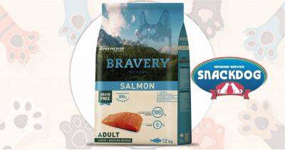  snack dog offerta crocchette bravery super premium grain free adult salmon medium large 12 kg