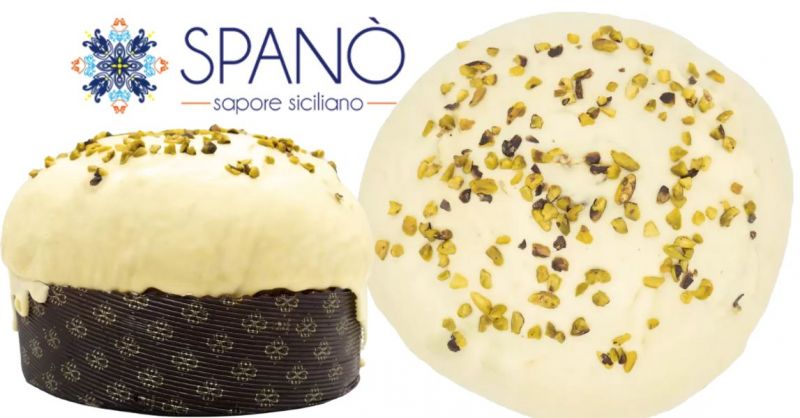 Panettone gefüllt mit Pistaziencreme, bezogen mit weißer Schokolade, sizilianische Pistazien made in Italy
